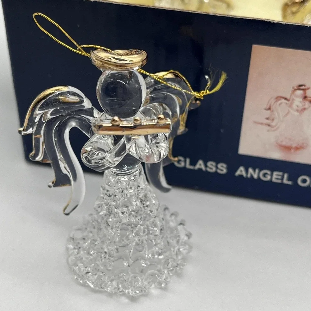 New in Box VTG Hand Blown Spun Glass Angel Christmas Ornaments Gold Trim